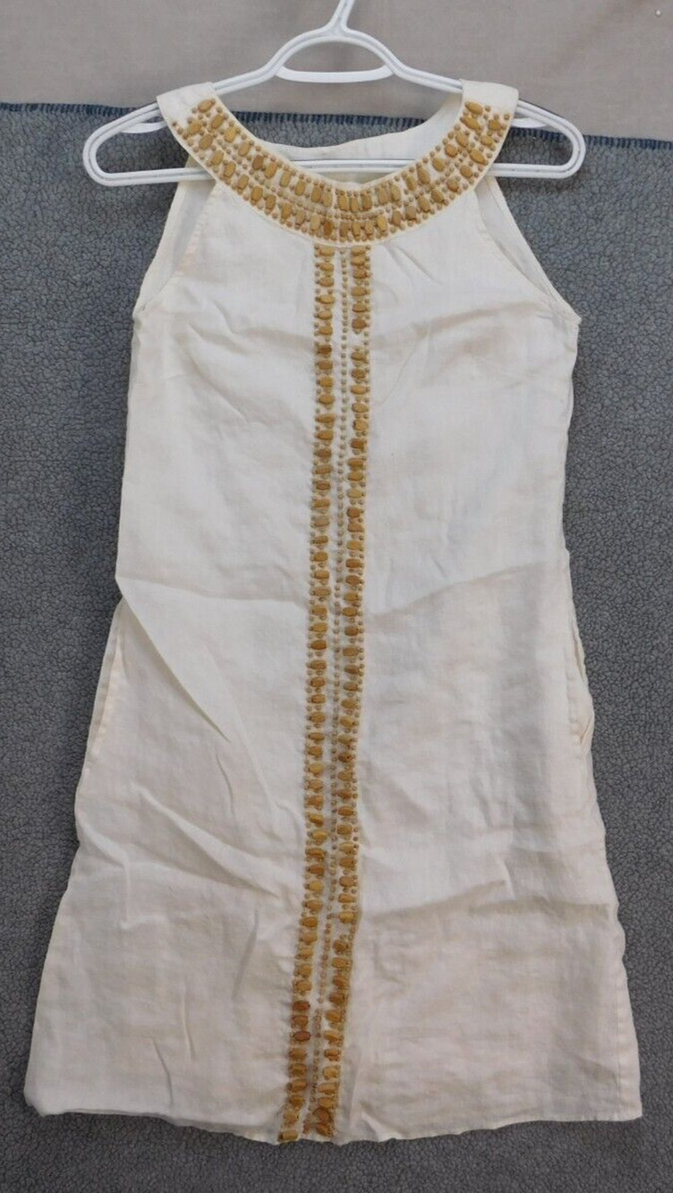 Kas Designs Mini Dress Women's S White Wooden Beads Linen Pockets